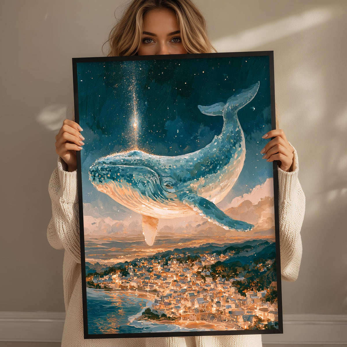 A woman holds up a framed painting depicting a large, blue whale floating in a starry night sky above a cityscape.