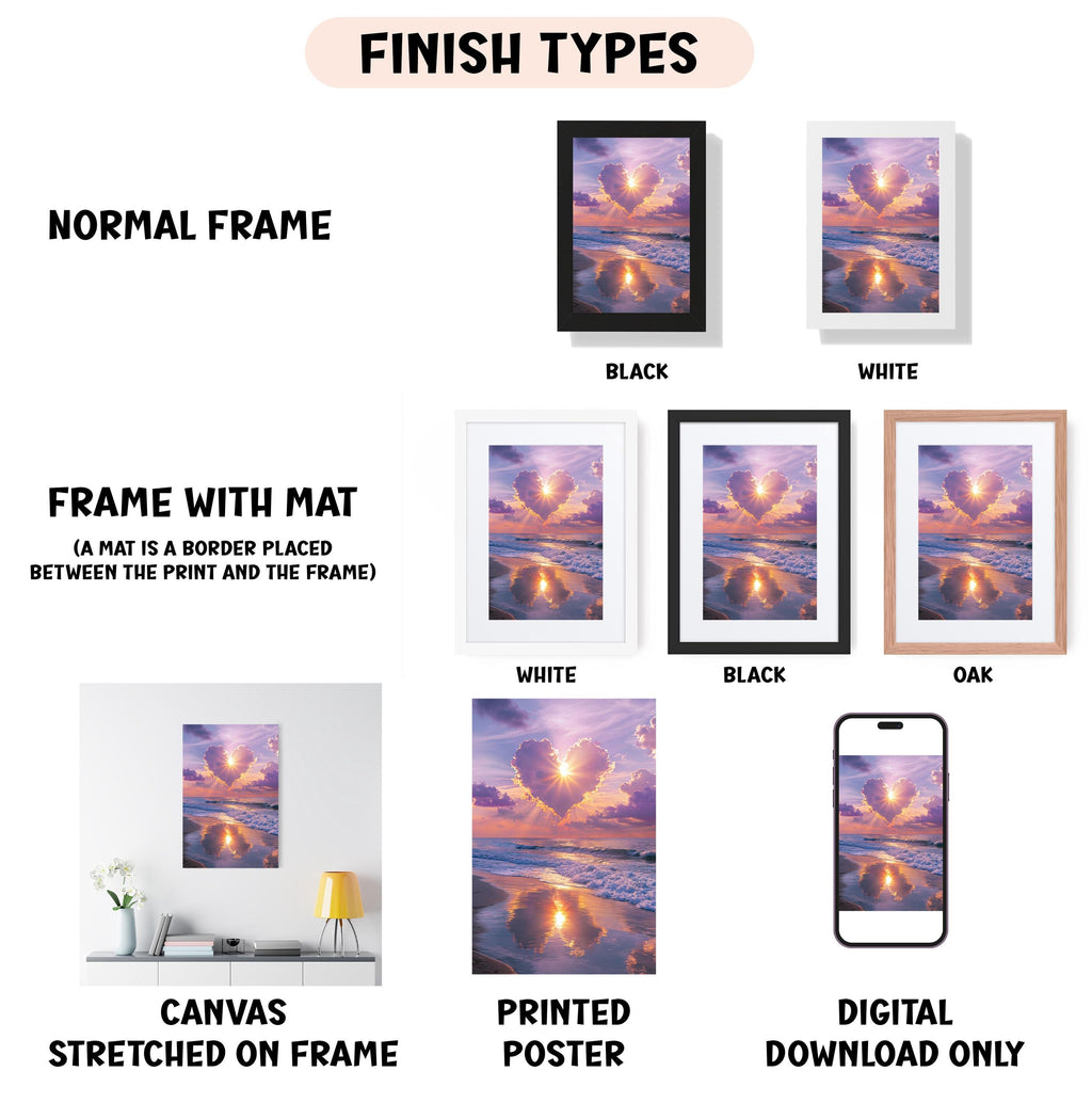 various types of artwork, including a canvas stretched on a frame, a framed poster, and a digital poster. The artwork is presented in different frame colors, such as black, white, and oak. The image also includes a description of the artwork, including the finish types and the materials used, such as canvas and poster.