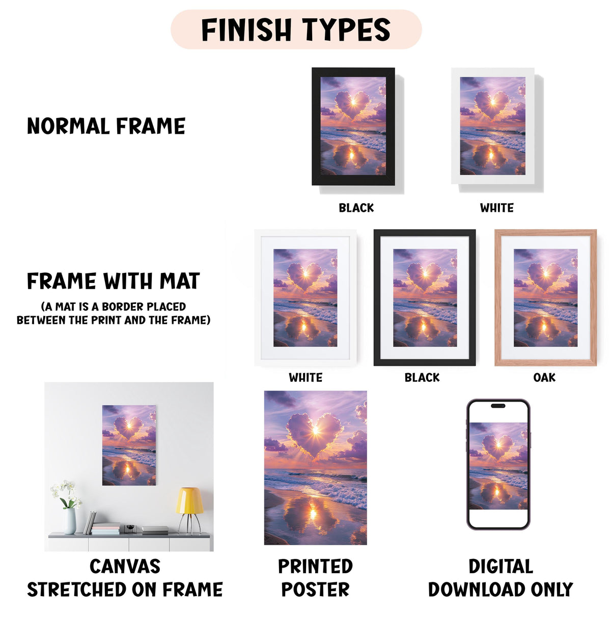 various types of artwork, including a canvas stretched on a frame, a framed poster, and a digital poster. The artwork is presented in different frame colors, such as black, white, and oak. The image also includes a description of the artwork, including the finish types and the materials used, such as canvas and poster.
