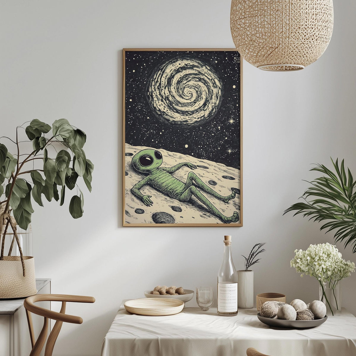 a framed illustration of an alien lying on a moon-like surface, surrounded by a starry night sky. The alien appears to be resting or sleeping, with a spiral galaxy in the background. The scene is set against a white wall, with a potted plant and a vase of flowers adding a touch of nature to the space. The table is set with various items, including a bottle, a bowl, and a plate, suggesting a meal or gathering taking place in this unique and whimsical setting.