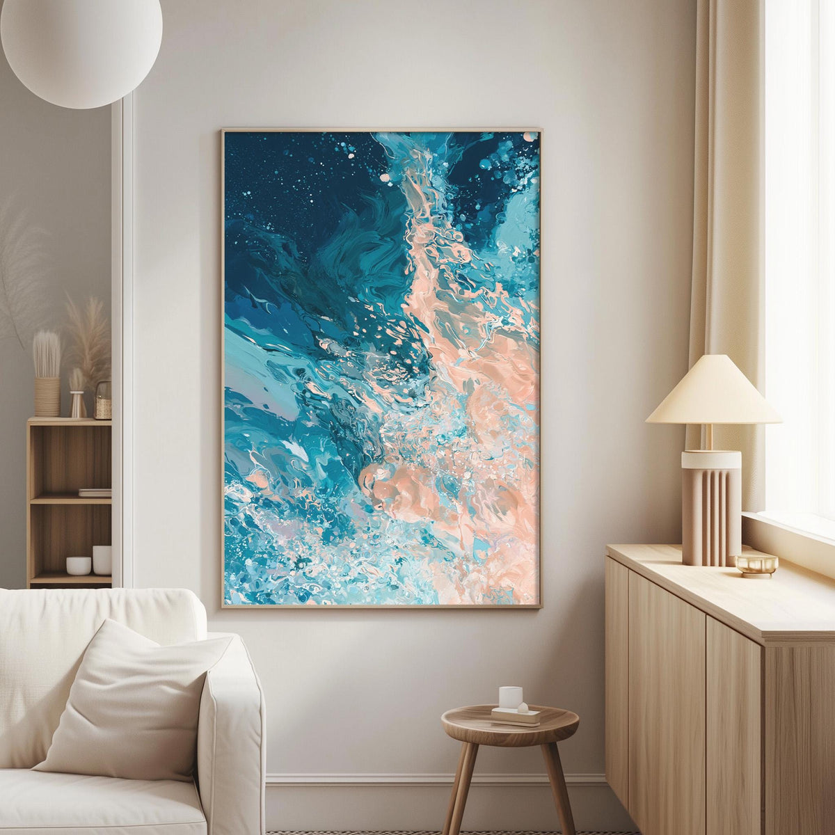 a large abstract painting hanging on a wall in a living room. The painting has a vibrant mix of blue, pink, and orange colors, creating a dynamic and energetic visual effect. The room is furnished with a white sofa, a wooden side table, and a lamp, creating a cozy and inviting atmosphere.