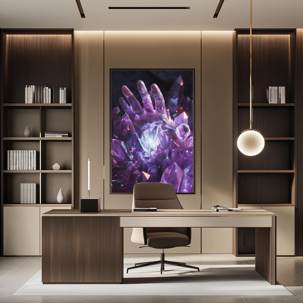 a modern and stylish office space with a large, vibrant poster of a hand holding a purple crystal as the focal point. The office features a wooden desk, a comfortable chair, and a bookshelf filled with books. The overall design and decor create a visually appealing and professional atmosphere.