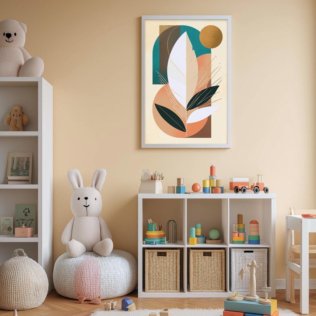 A cozy and colorful children's bedroom with a large abstract painting on the wall, a white bookshelf filled with toys, and a plush rabbit sitting on a bean bag chair.