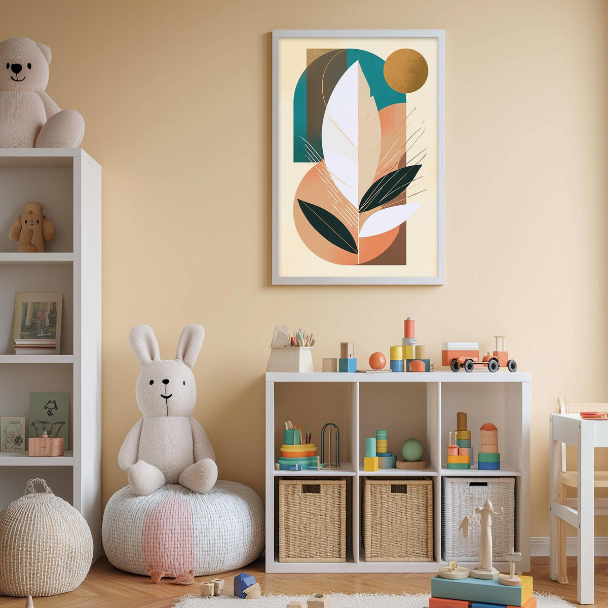 A cozy and colorful children's bedroom with a large abstract painting on the wall, a white bookshelf filled with toys, and a plush rabbit sitting on a bean bag chair.