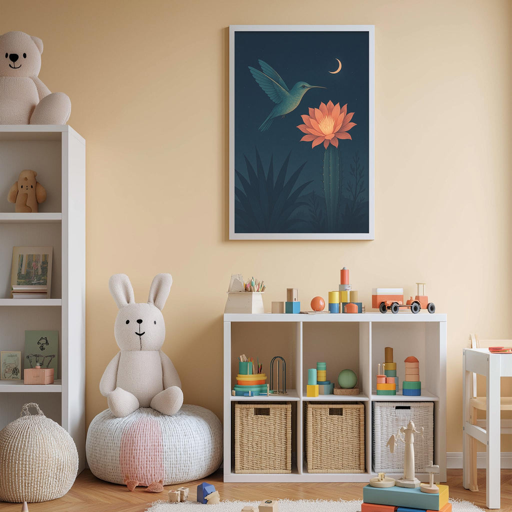 Hummingbird & Lotus Wall Art - Night Botanical Print with Crescent Moon