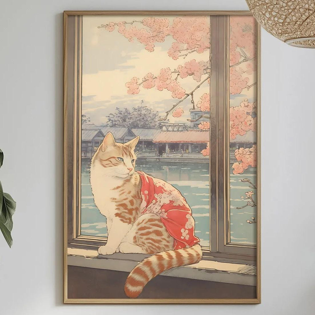 a framed painting of a cat sitting on a windowsill, with a view of a tree and a building outside. The painting is hanging on a wall above a dining table, which has various items on it, including a bottle, a bowl, and a vase. The table is set with plates, and there are some plants and other decorative items in the room.