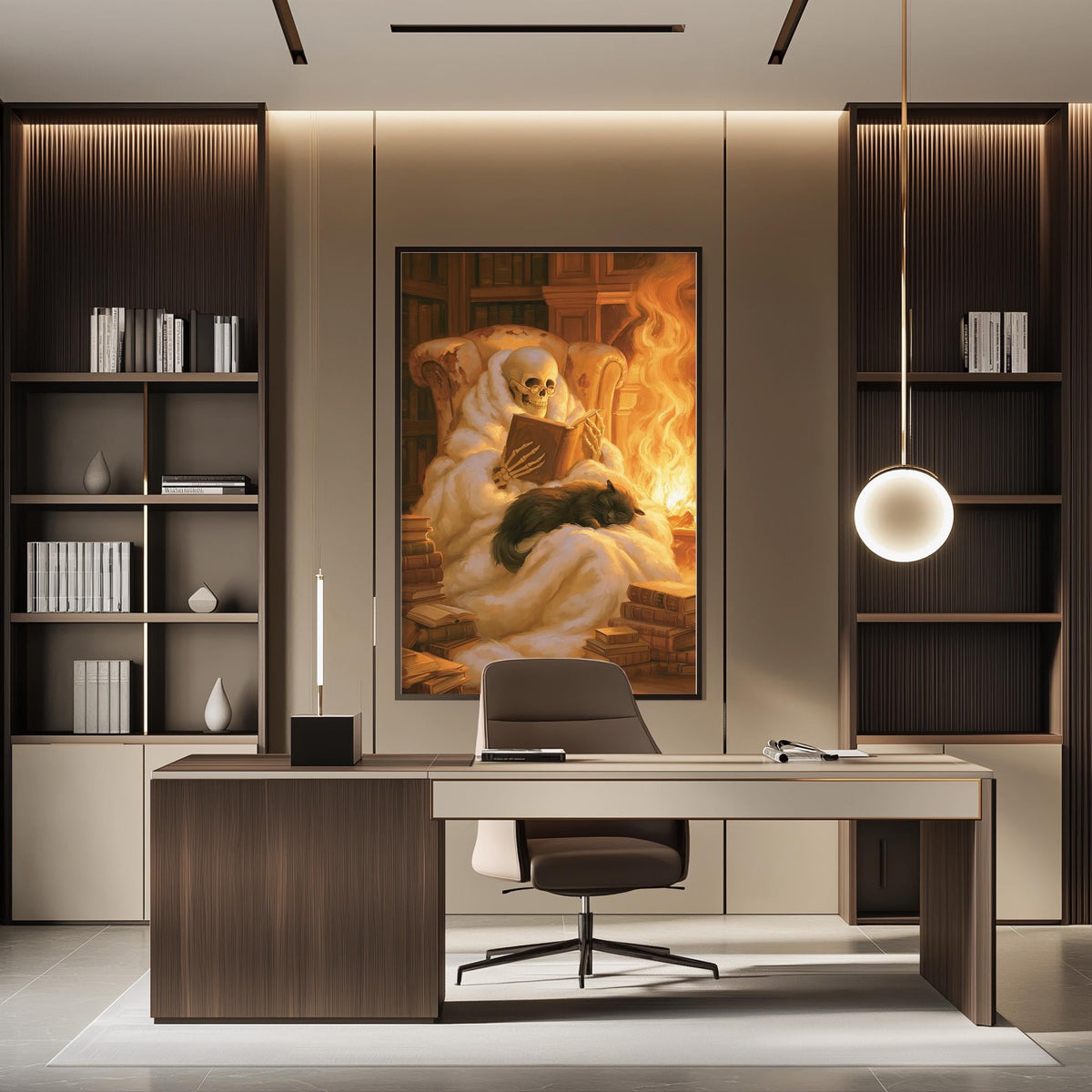a modern office space with a large painting of a skeleton reading a book on a desk. The desk is positioned in front of a bookshelf, and a lamp is hanging above it. The overall design and decor of the space create a contemporary and sophisticated atmosphere.