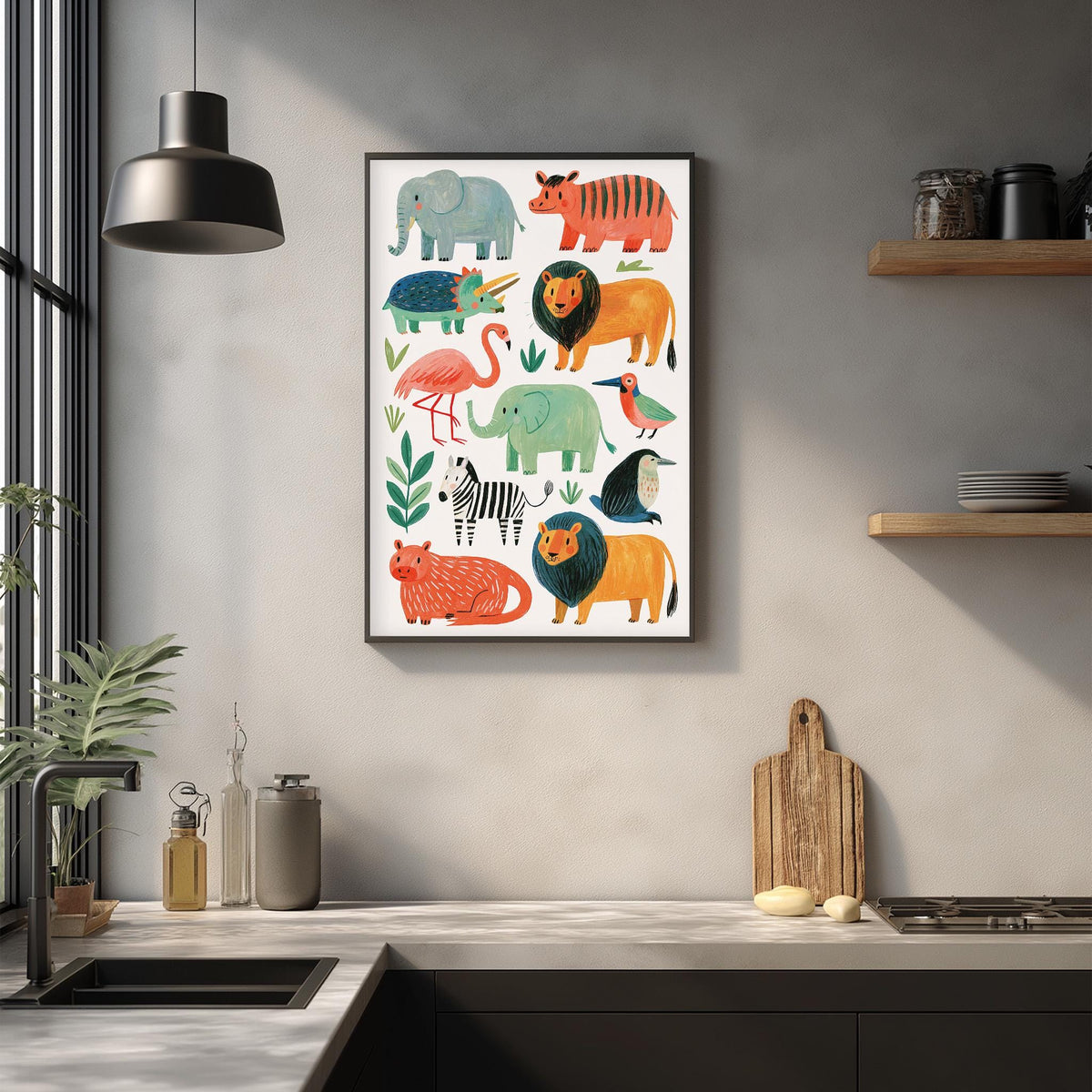 a kitchen counter with various kitchen items, including a cutting board, a bottle, and a vase. Above the counter, there is a framed illustration of colorful animals such as elephants, lions, and zebras.
