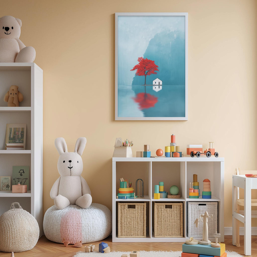 A cozy children's room with a white bookshelf, a plush white rabbit, and a colorful toy box filled with toys. A framed picture of a red tree reflected in a lake is displayed on the wall, and a small white house is also present in the scene.