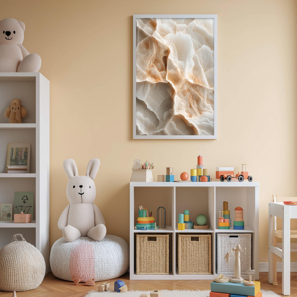 A cozy and well-organized children's playroom with a variety of toys and storage solutions. The room features a large stuffed rabbit, a bookshelf, a toy chest, and a colorful toy set. The walls are painted in a light peach color, and a framed abstract artwork hangs above the play area.