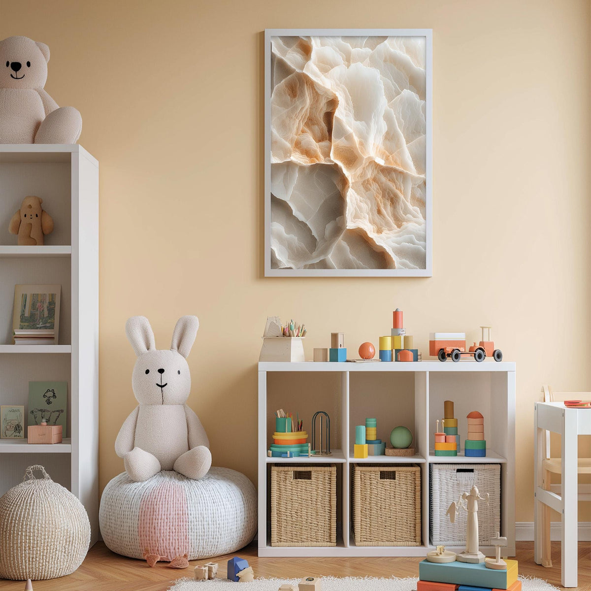A cozy and well-organized children's playroom with a variety of toys and storage solutions. The room features a large stuffed rabbit, a bookshelf, a toy chest, and a colorful toy set. The walls are painted in a light peach color, and a framed abstract artwork hangs above the play area.