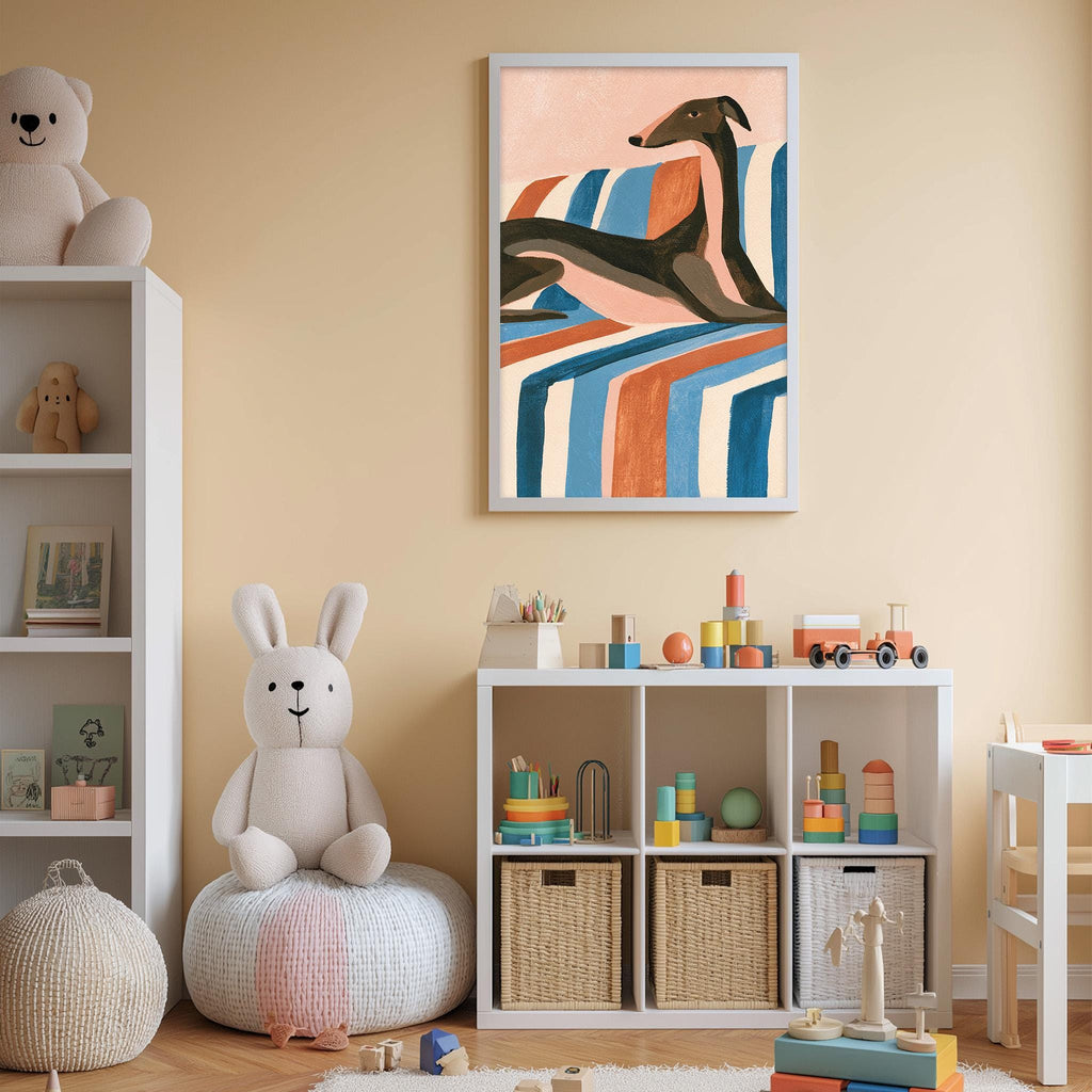 A child's bedroom with a white bookshelf, a stuffed rabbit, a colorful abstract painting on the wall, and a toy train set on a shelf.