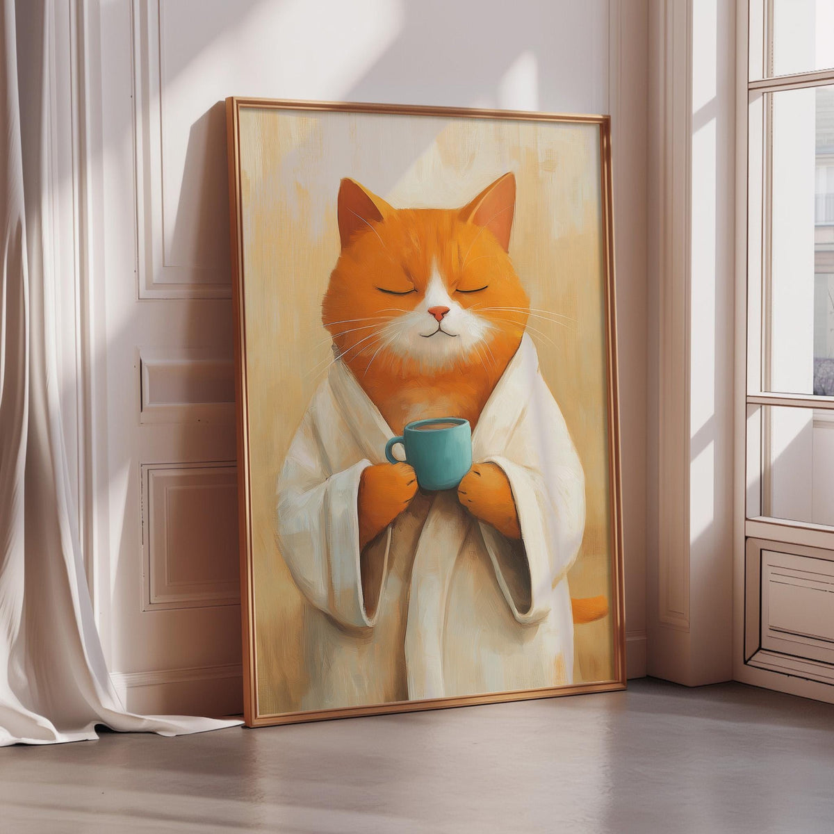 A framed painting of an orange cat wearing a white robe and holding a blue mug, with its eyes closed, is displayed on a wall in a room.