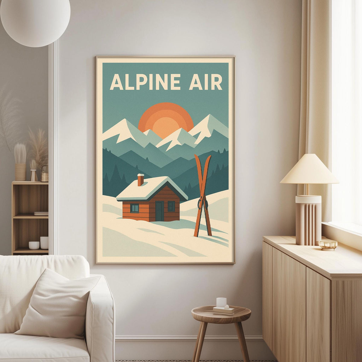 a cozy living room with a large framed poster of a snowy mountain landscape hanging on the wall, depicting a cabin and skis.