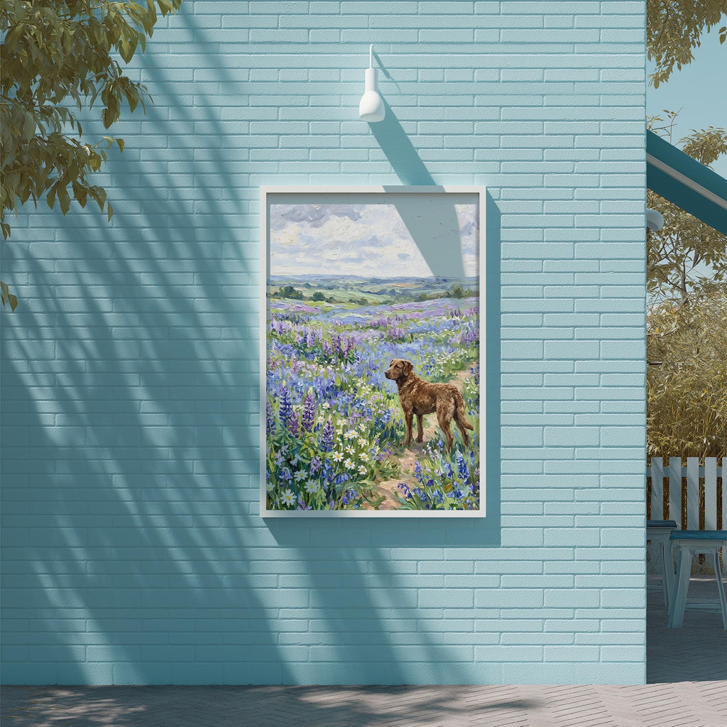 A framed painting of a dog standing in a field of flowers is displayed on a blue brick wall.