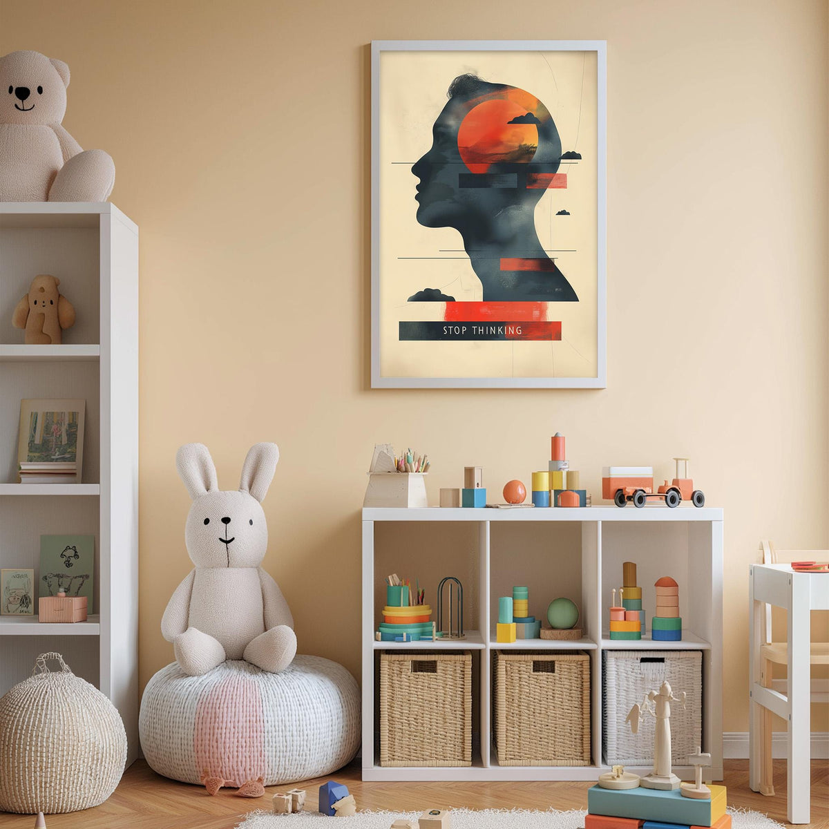 a child's bedroom with a white bookshelf, a stuffed rabbit, a toy train, and a framed poster on the wall.