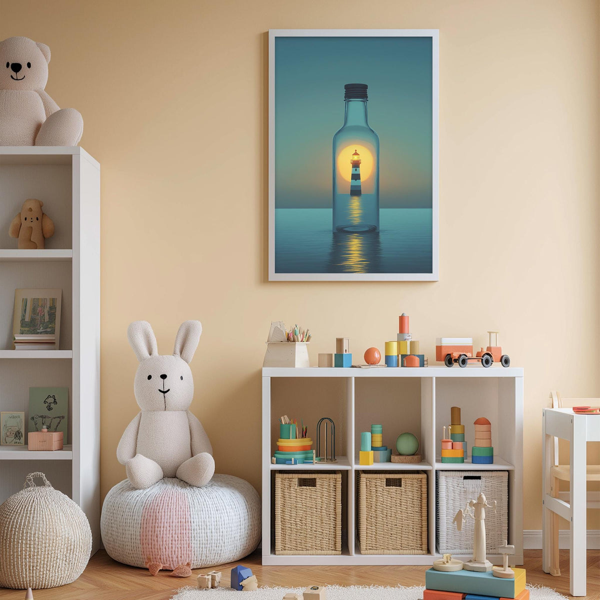 A cozy children's room with a white rabbit sitting on a bean bag chair, surrounded by toys and a bookshelf. A framed image of a lighthouse inside a bottle is displayed on the wall, and a shelf holds various toys and books.