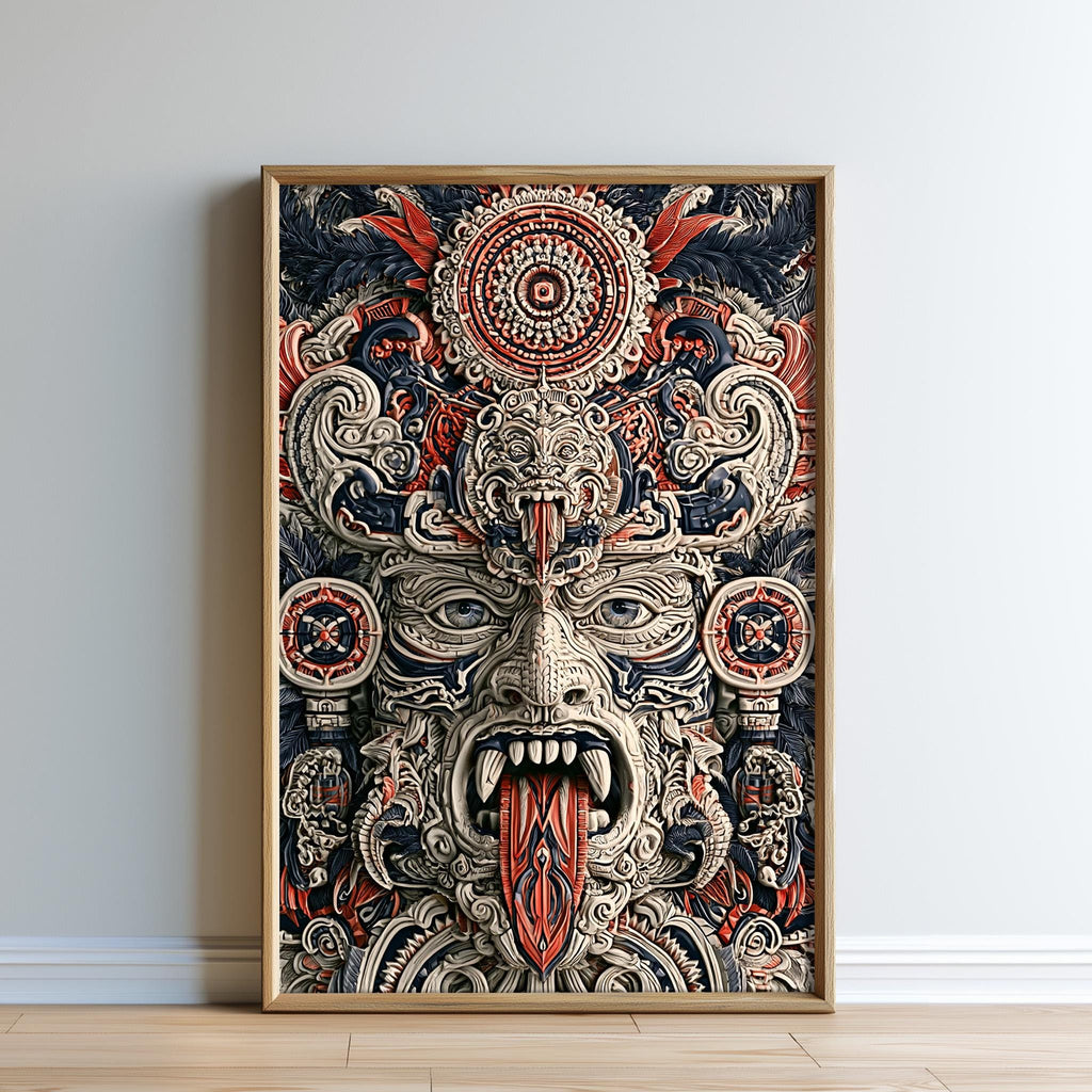 The image is a large, ornate, and intricately detailed artwork featuring a fierce, monster-like creature with a fierce expression and a wide-open mouth, surrounded by a complex and ornate design with various shapes, patterns, and colors.