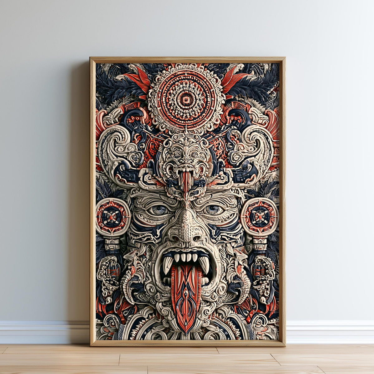 The image is a large, ornate, and intricately detailed artwork featuring a fierce, monster-like creature with a fierce expression and a wide-open mouth, surrounded by a complex and ornate design with various shapes, patterns, and colors.