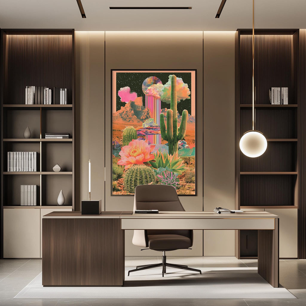 a modern office space with a large, colorful painting of a desert landscape hanging on the wall. The painting features a cactus, flowers, and other desert elements, creating a vibrant and lively atmosphere. The office has a wooden desk and chair, and a pendant light hangs above the desk, providing illumination. The room is well-lit and organized, with a bookshelf and other decorative elements adding to the overall aesthetic.