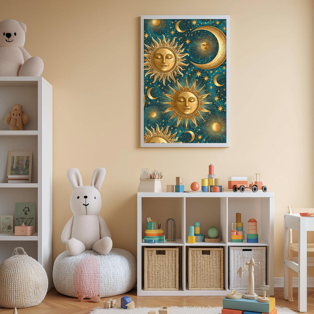 A cozy and colorful children's bedroom with a large sun and moon poster on the wall, a white bookshelf filled with toys, and a plush rabbit sitting on a bean bag chair.