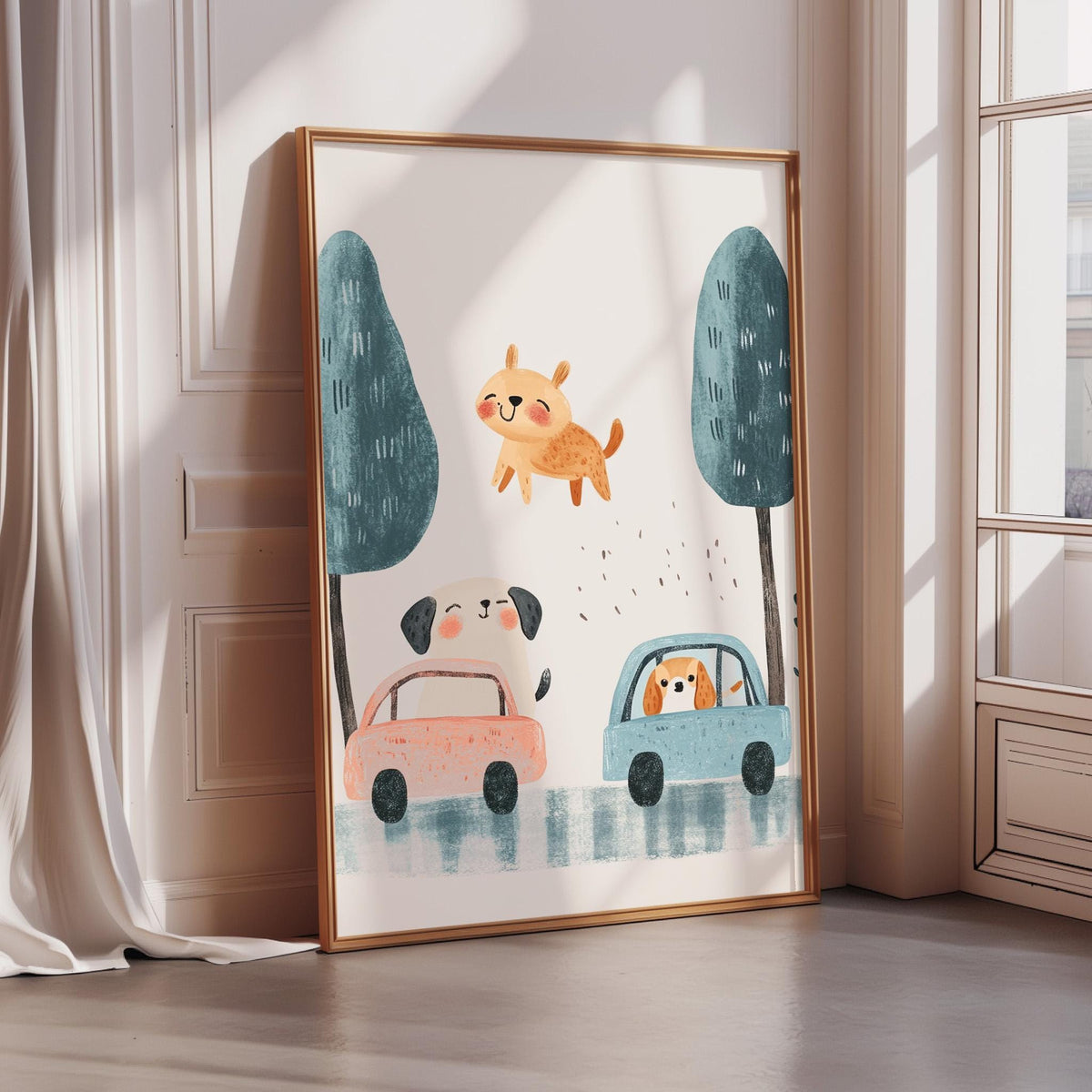 The image is a framed illustration depicting a dog riding in a car, with two other dogs in the background.