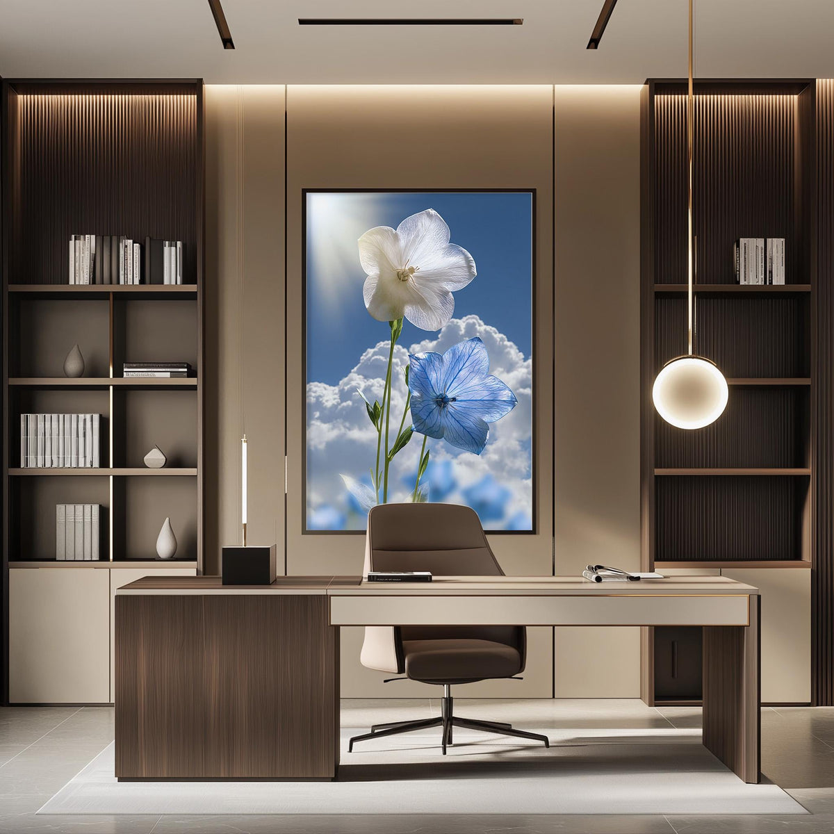 a modern and well-lit office space with a large framed picture of a blue flower on the wall, a wooden desk with a chair, and built-in bookshelves.