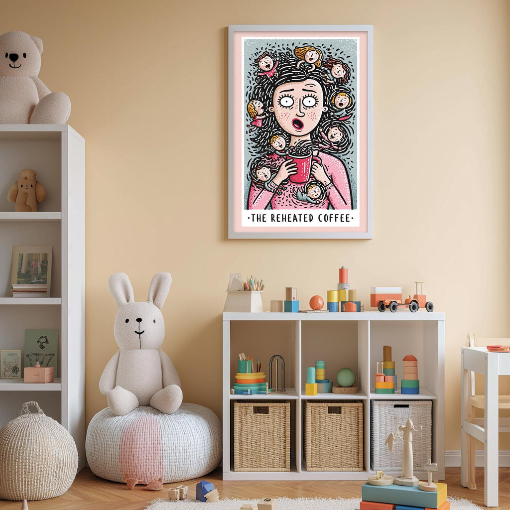 a cozy and colorful nursery room with a large framed poster of a cartoon girl surrounded by coffee cups, a stuffed rabbit, and various toys and storage bins.