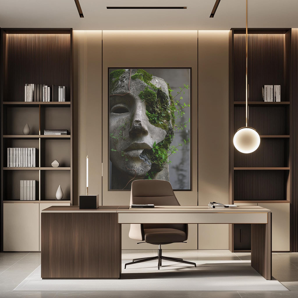 a modern office space with a large framed artwork of a stone face with moss growing on it, situated above a wooden desk with a chair.
