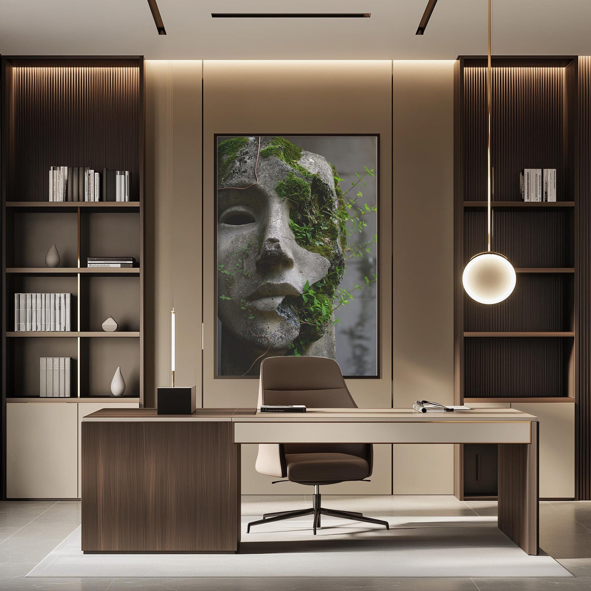 a modern office space with a large framed artwork of a stone face with moss growing on it, situated above a wooden desk with a chair.