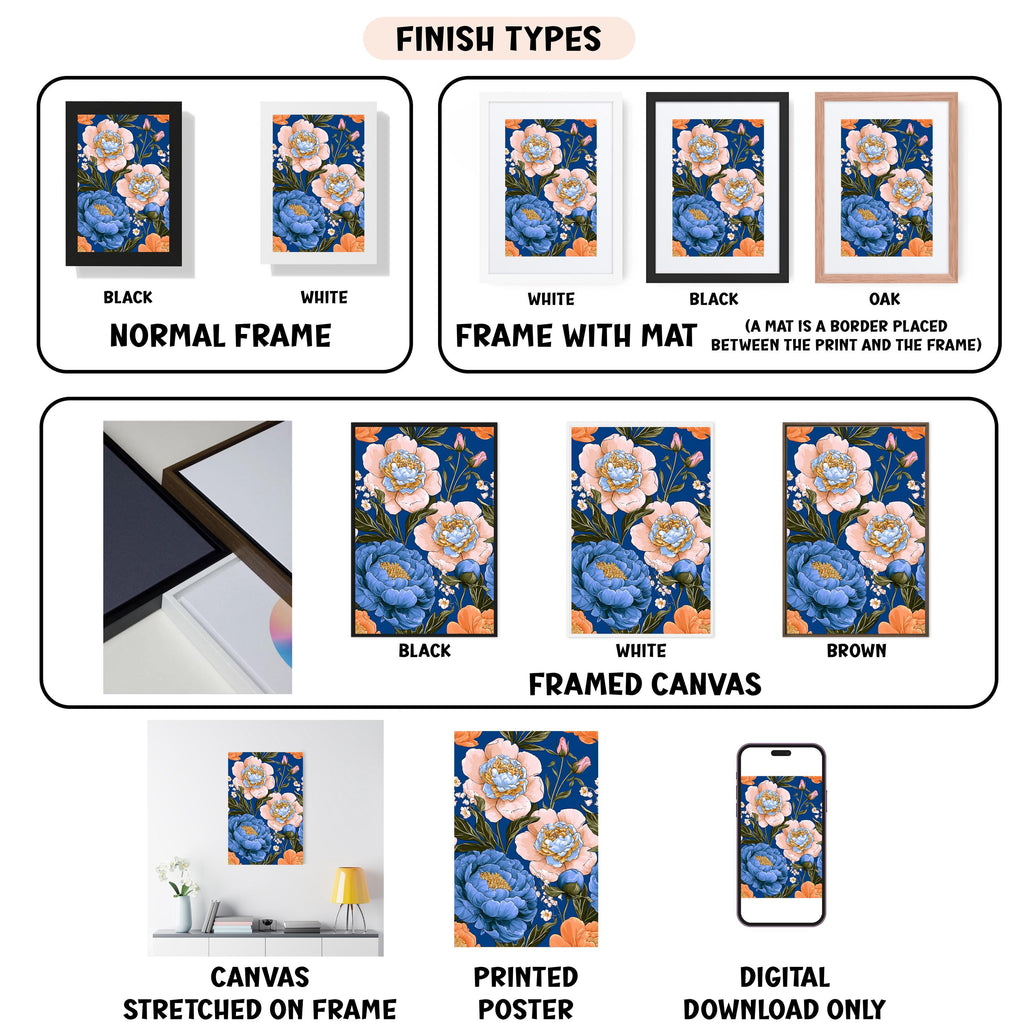 various finish types for a floral print, including canvas, framed canvas, stretched canvas, printed poster, and digital download only.