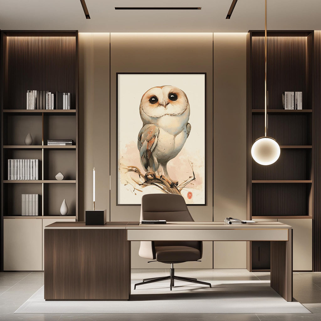 a modern and stylish office space with a large framed picture of an owl on the wall, a wooden desk, and a comfortable-looking chair.