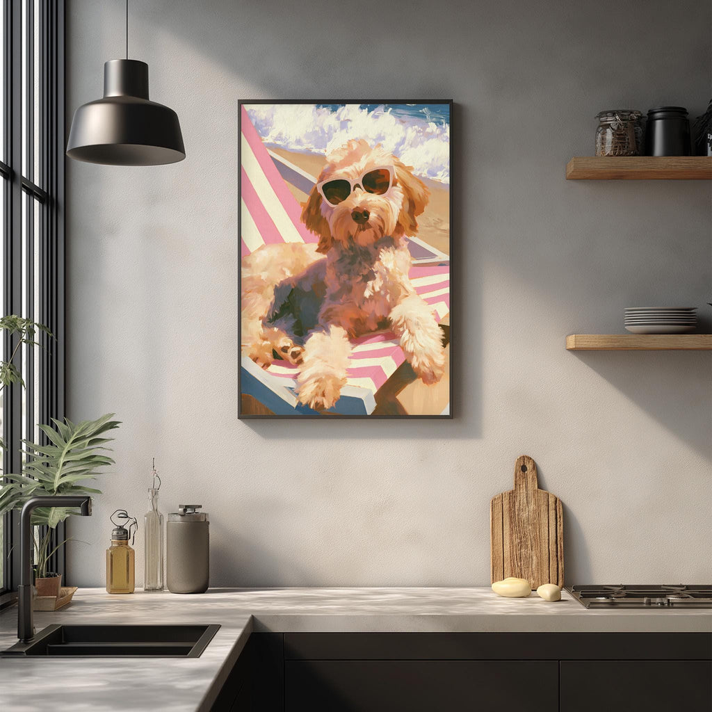 A framed painting of a dog wearing sunglasses is hanging on a wall in a kitchen.