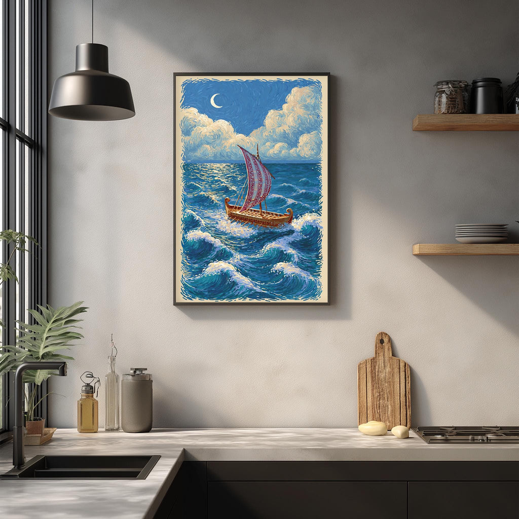a framed painting of a sailboat on the ocean, hanging on a wall above a kitchen counter.