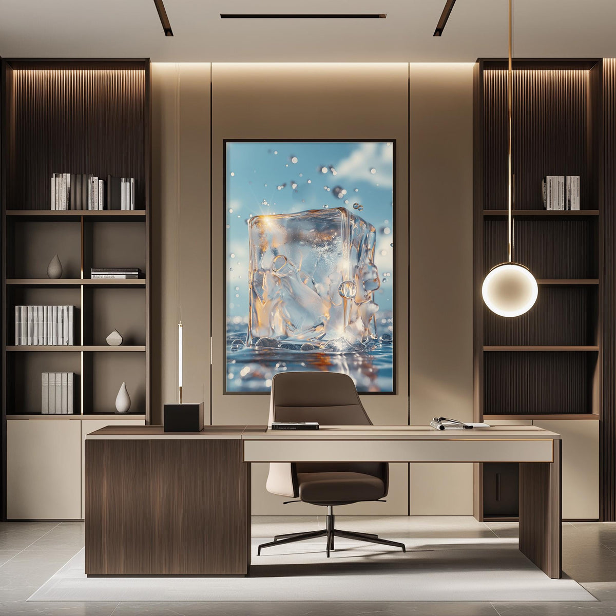a modern and stylish office space with a large abstract painting of a water droplet on the wall, a wooden desk with a chair, and built-in bookshelves.