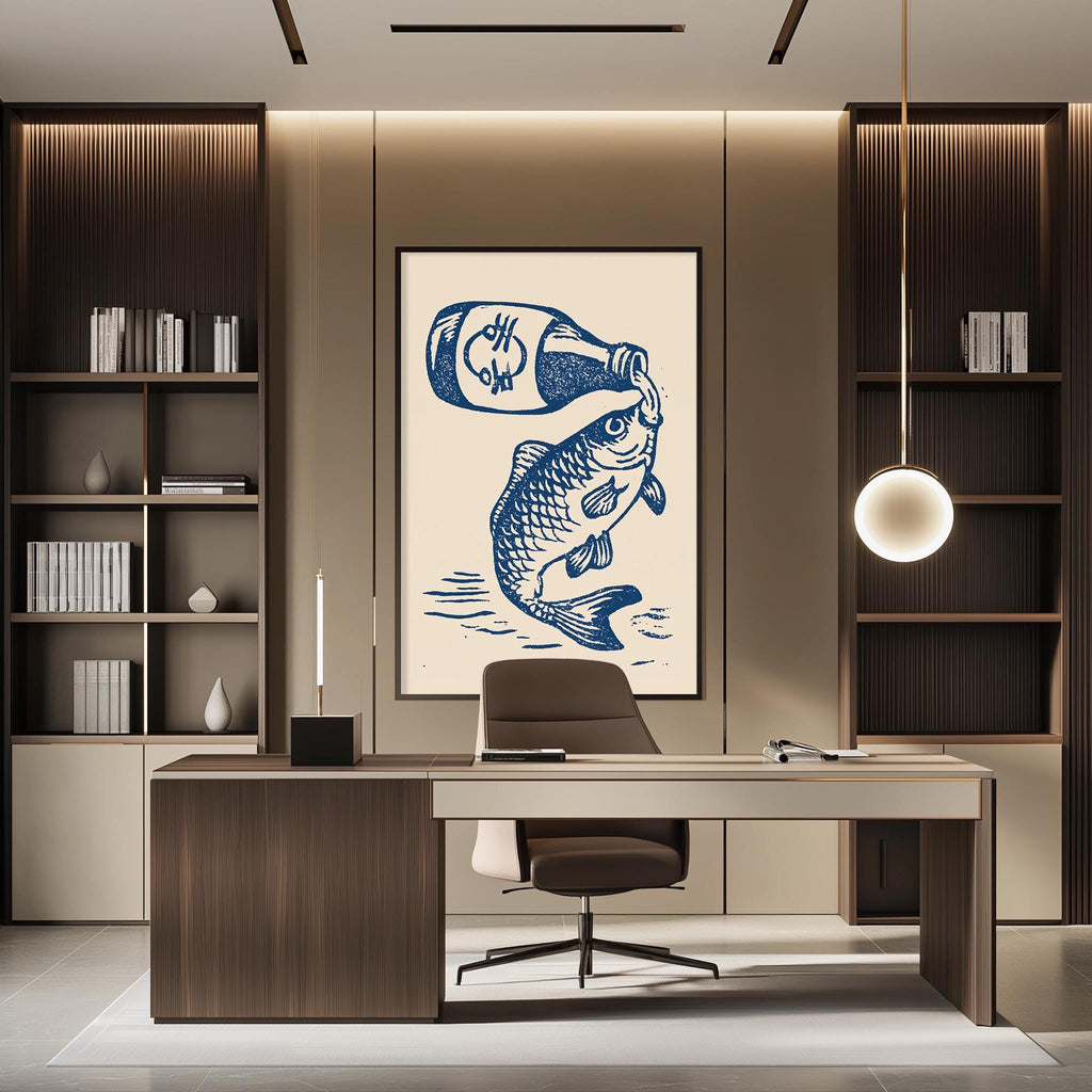 a modern office space with a large fish drawing on the wall, a desk with a chair, and a bookshelf filled with books.
