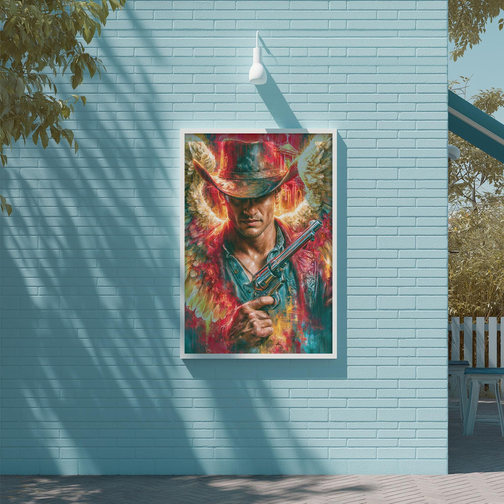 a large, colorful painting of a man wearing a cowboy hat and holding a gun, mounted on a blue brick wall.