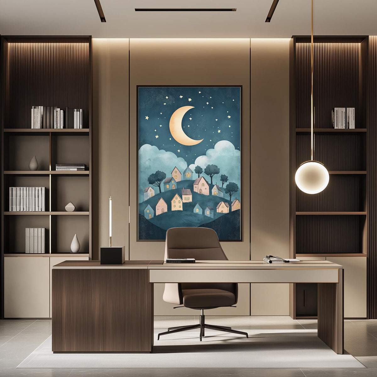 a modern and well-lit office space with a large framed artwork of a night sky with a crescent moon and stars above a village scene. The office features a wooden desk, a comfortable-looking chair, and a bookshelf filled with books. The overall design and decor create a serene and inspiring atmosphere.
