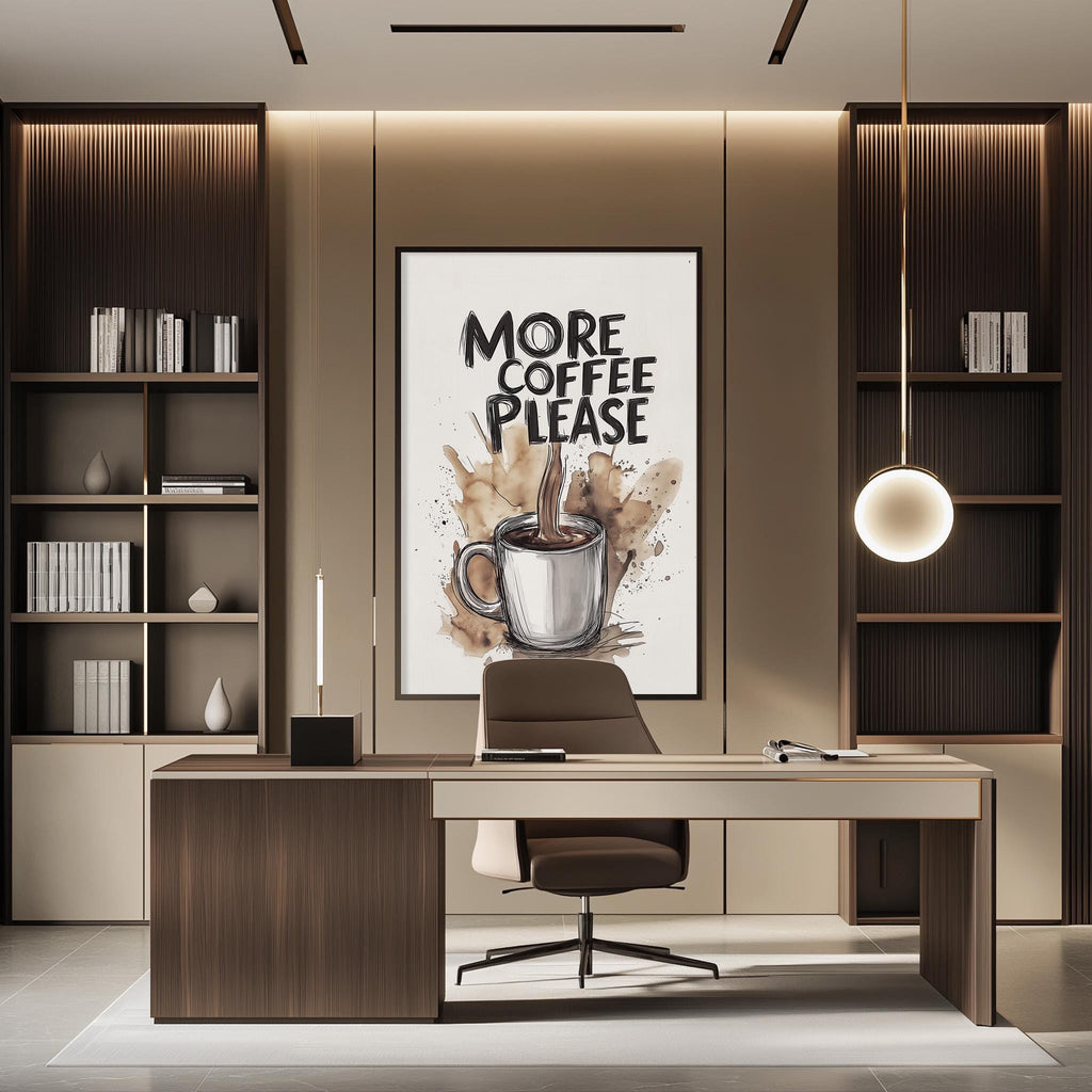 a modern office space with a large poster of a coffee cup on the wall, a desk with a chair, and built-in bookshelves.