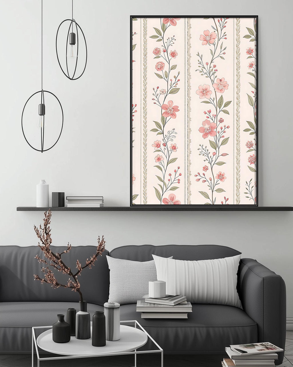 a modern living room with a gray sofa, a coffee table, and a large floral print hanging on the wall above the sofa.