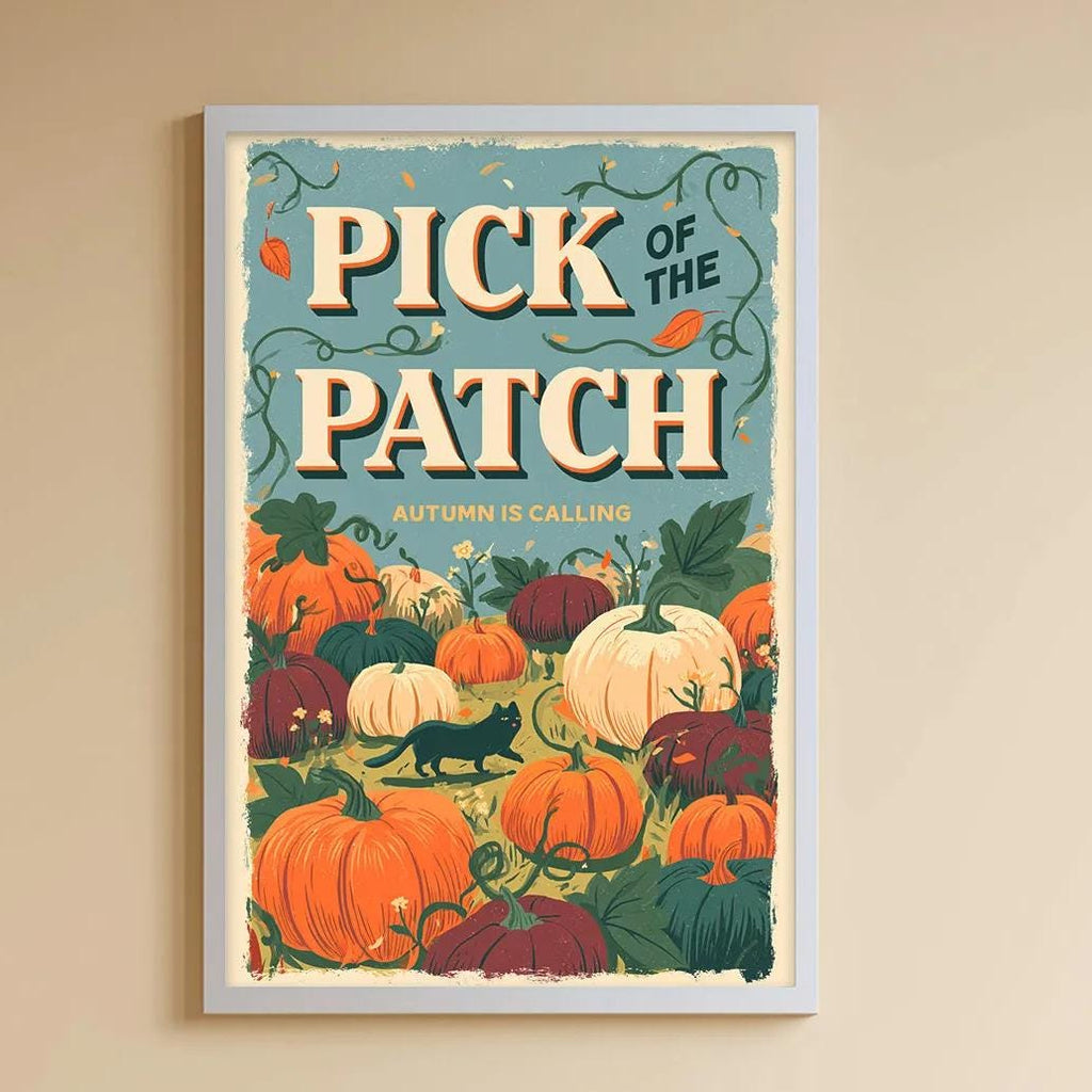 A child's bedroom with a white bookshelf, a stuffed rabbit, and a colorful poster of pumpkins hanging on the wall.