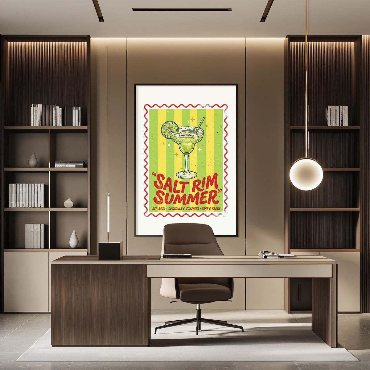 A modern office space with a desk, chair, and bookshelves. A framed poster with a vibrant design hangs on the wall, featuring a lime-colored drink and the text "SALT rim SUMMER" in bold red and yellow letters.