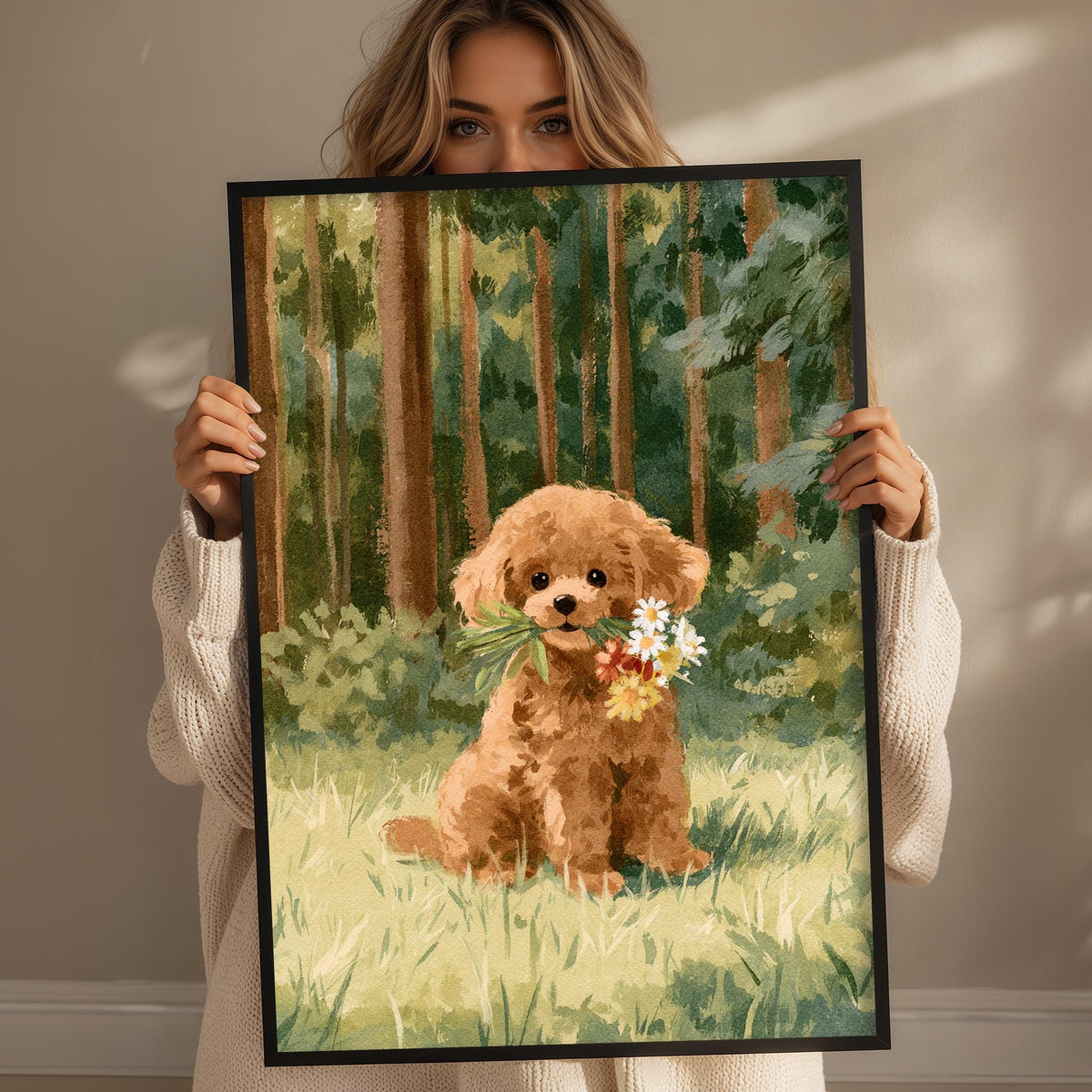 A woman holds up a framed painting of a small brown dog sitting in a grassy field with flowers in its mouth.