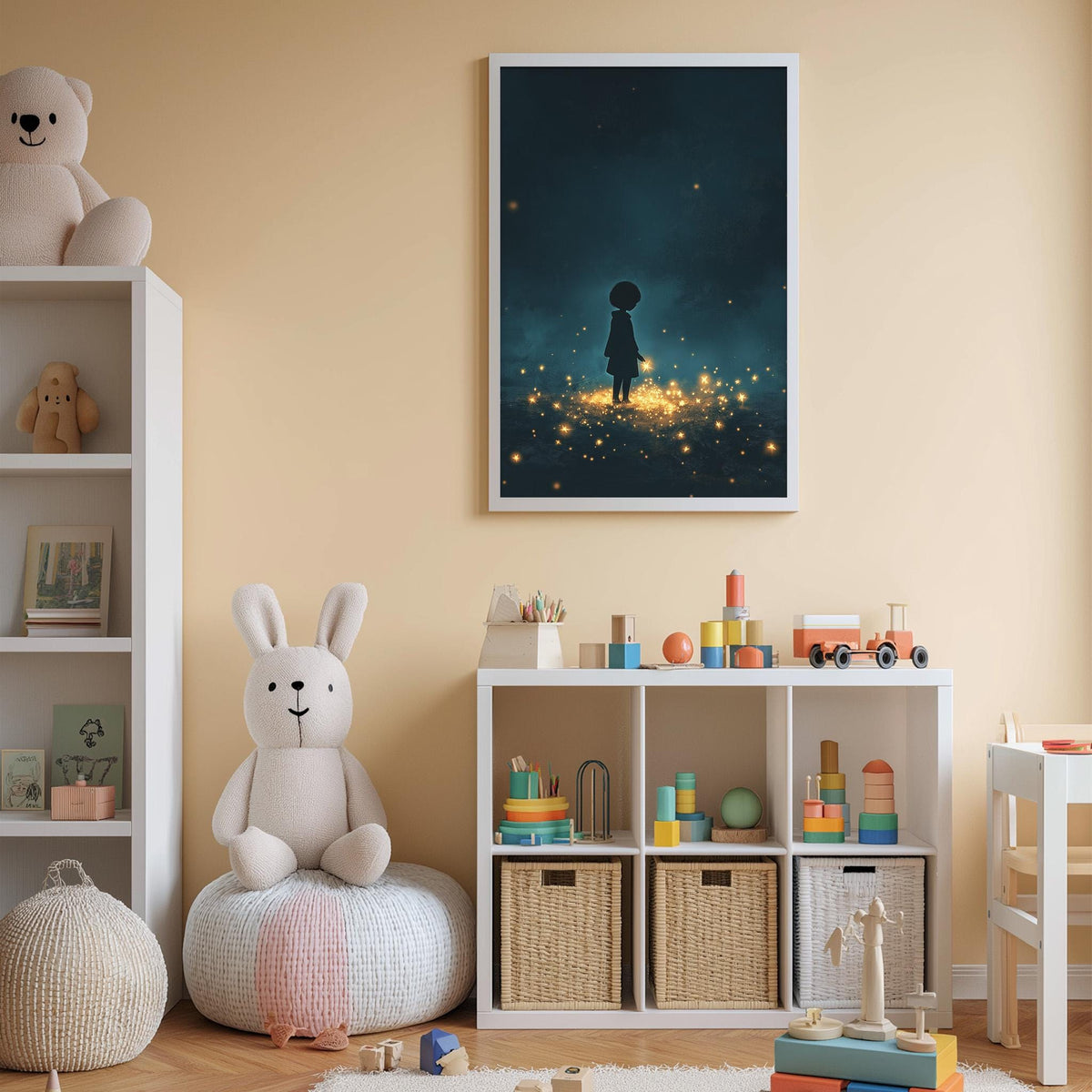 A cozy children's room with a white rabbit sitting on a bean bag chair, surrounded by toys and a bookshelf. A framed artwork depicting a silhouetted figure against a starry night sky is displayed on the wall above the bookshelf.