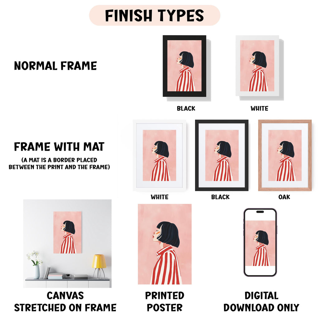 various types of framed artworks, including a normal frame, a frame with a mat, a white frame, a black frame, a white frame, a black frame, an oak frame, a canvas stretched on a frame, a printed poster, and a digital download only.