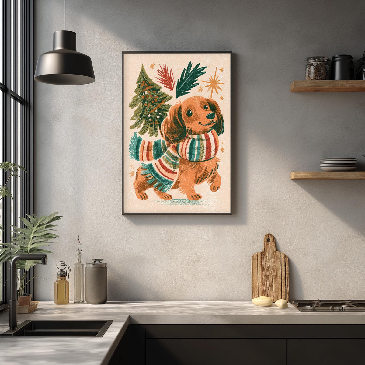 a kitchen counter with various items, including a framed illustration of a dog wearing a scarf, a wooden cutting board, and a potted plant.