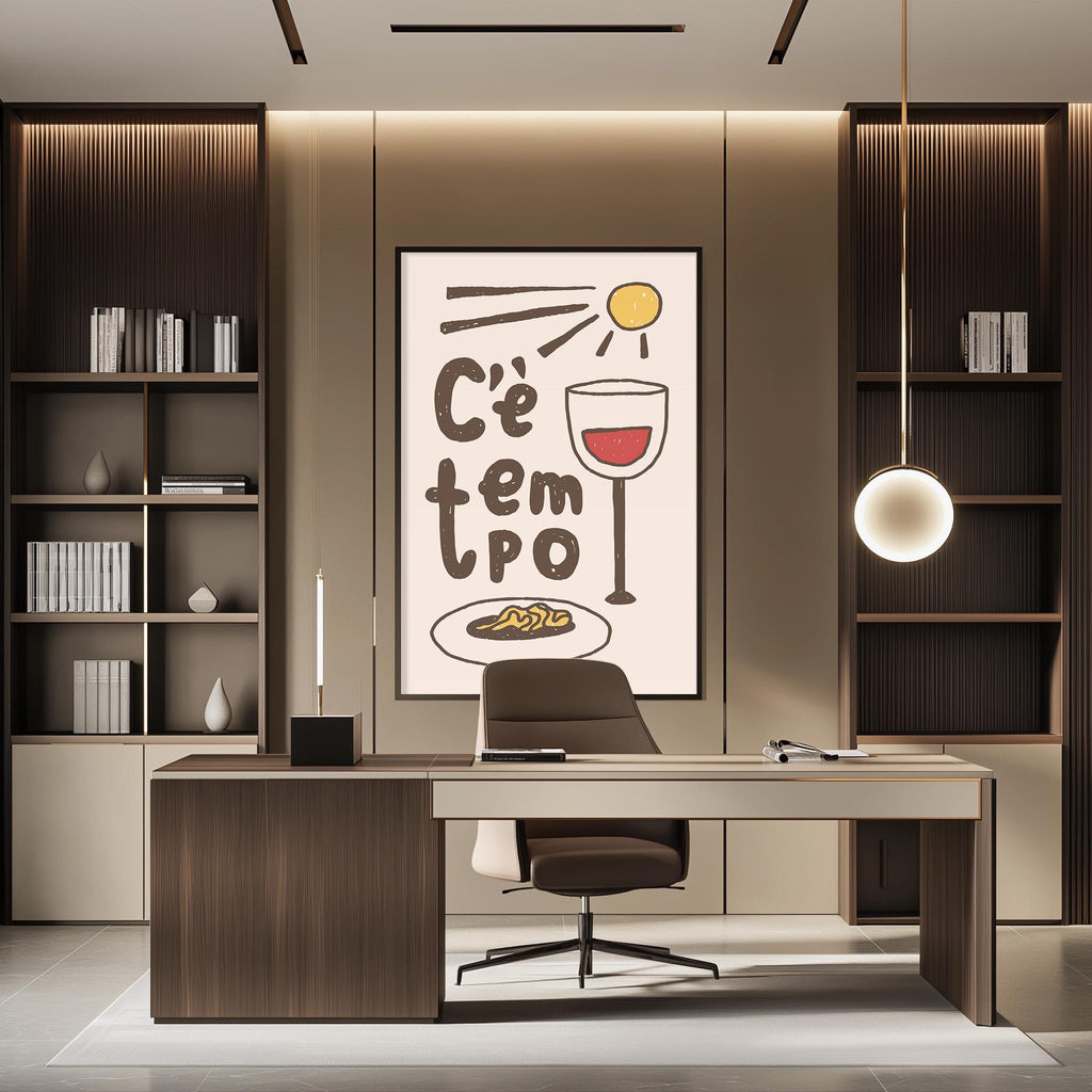 a modern office space with a desk, chair, and shelving units. There is a large poster on the wall with the text "C'ŒT'PŒO" and a wine glass illustration.