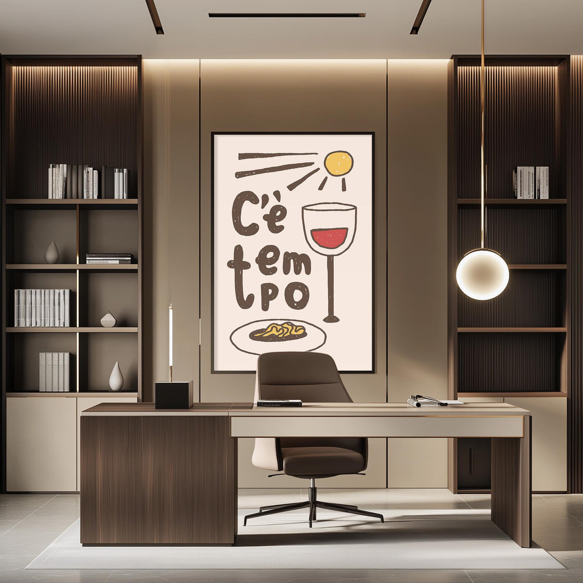 a modern office space with a desk, chair, and shelving units. There is a large poster on the wall with the text "C'ŒT'PŒO" and a wine glass illustration.