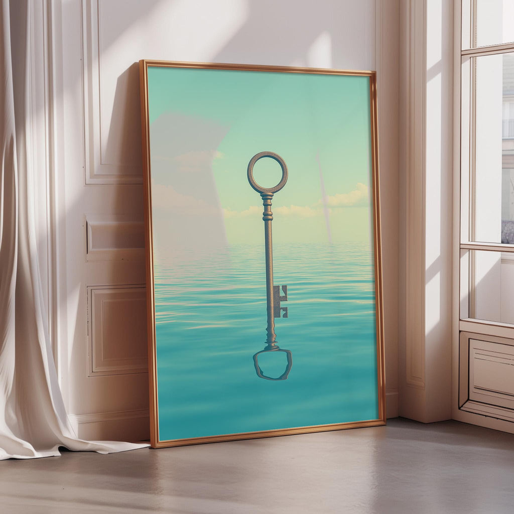 A large framed poster with a key-like design on it, placed on a wall near a window.