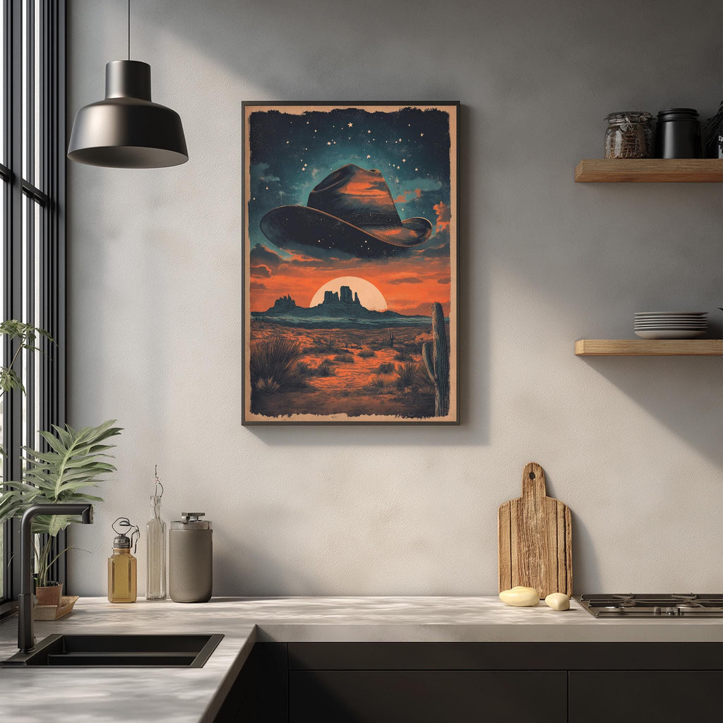 a framed artwork depicting a desert landscape with a cowboy hat in the sky, a cactus, and a sunset. The artwork is hanging on a wall above a kitchen counter with various kitchen items such as a cutting board, a bottle, and a vase.